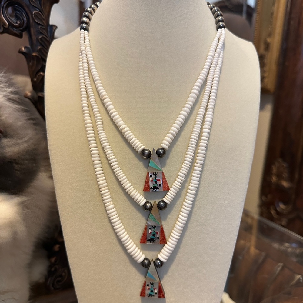 Native Bone Beaded Necklace with Triangular Pendants